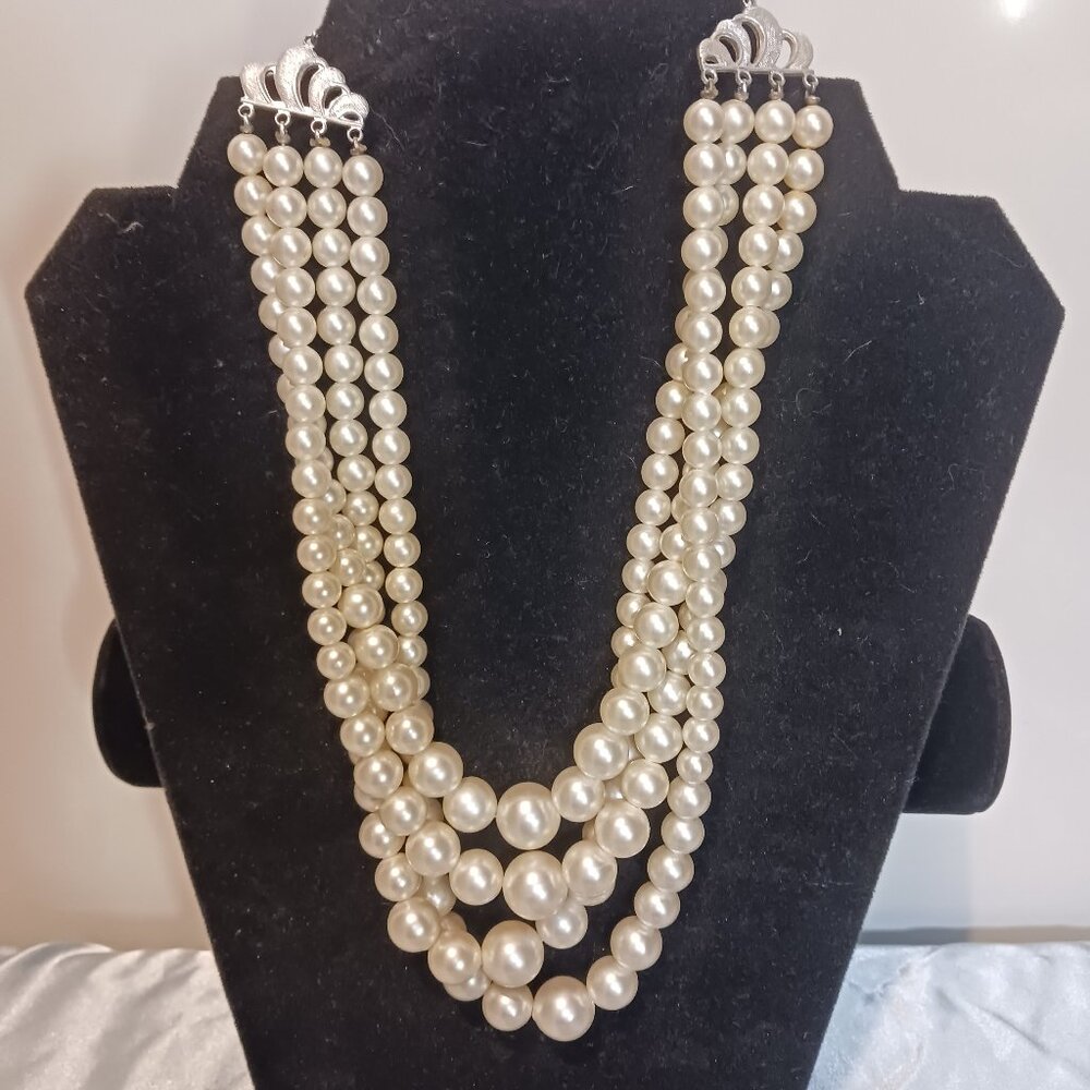 Vintage 4 Strand Faux Pearl Silver Tone Necklace